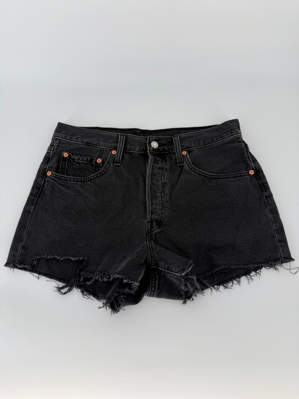 Levis 501 Denim Shorts Womens Black W30 High Rise Button Fly Raw Hem Distressed